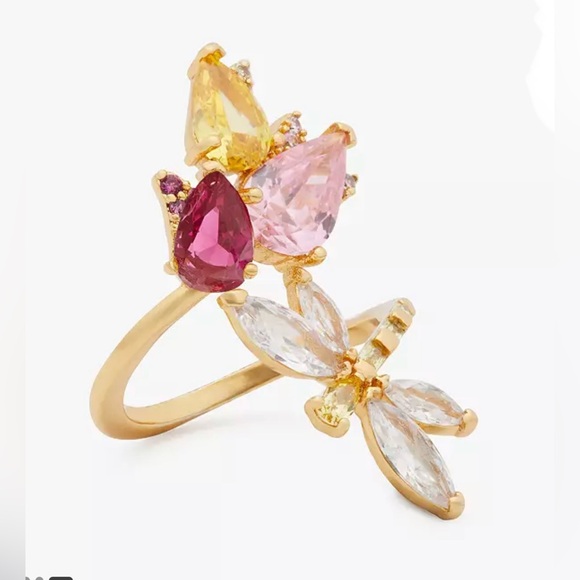 Kate Spade Greenhouse Floral Wrap Ring ~Rhinestone Dragonfly Tulip Cocktail Ring - Picture 4 of 6